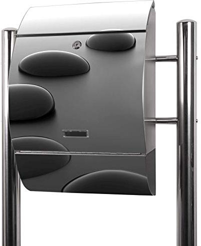 banjado® Standbriefkasten Edelstahl mit Zeitungsfach Motiv Schwarze Steine/Briefkasten mit Standfuß/Edelstahl Briefkasten freistehend - A4 Einwurf inkl. 2 Schlüssel