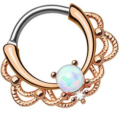 Piersando Piercing Ring Clicker für Septum Tragus Helix Ohr Nase Lippe Brust Intim Tribal Vintage mit Opal Perle Rosegold Ip