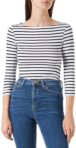 Amazon Essentials Women's Slim-Fit 3/4-Sleeve Boat-Neck T-Shirt, White Stripes, L