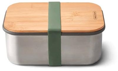 BLACK+BLUM - Sandwich Box - Stainless Steel, Plastic-Free Lunch box with Leak Proof, Lightweight, Multi-Purpose Bamboo Lid, Chopping and Serving Board - Olive - Large, 1.25L