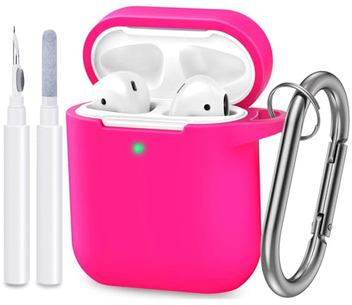 ATUAT Compatibile con custodia per AirPods, protezione completa in silicone antipolvere, progettata per Apple AirPods di prima e seconda generazione, con portachiavi, LED frontale visibile, rosa