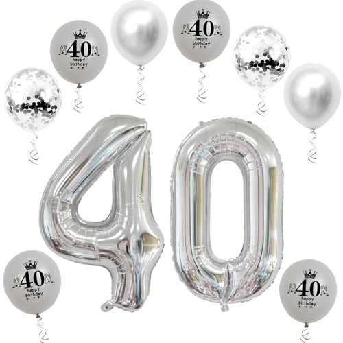XL Folienballon 40 Geburtstag, Folienballon Zahl 40, Zahl 40 Silber, Luftballons Zahl 40, Nummer 40 Luftballon Silber, 32 Geburtstagsdeko Ballon 40