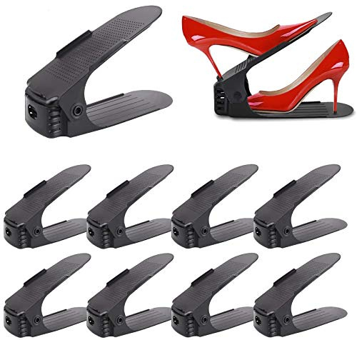 AufuN Einstellbare Schuhregale 10 Stück Schuhstapler/Schuhhalter Set, 3 höhenverstellbar, Platzsparend, rutschfest Kunststoff-schwarz