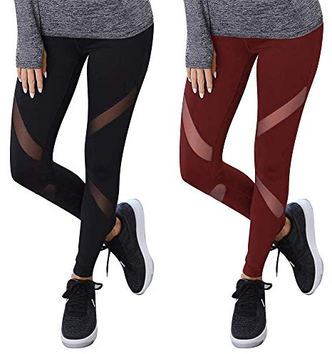 GOVIA 2er Pack Sport Leggings Damen lang High Waist Push Up Sportleggings Gym Pants Sporthose Elastisch Bauchweg Yoga Hose Fitnesshose Laufhose 4107 Schwarz + Dunkelrot L-XL