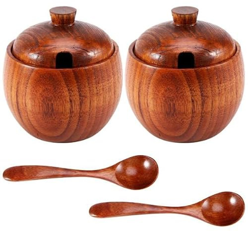 Tiamu Tarros de de madera tapa y cuchara, botes de té y café, azúcar, azucarero condimento lata sal pimienta condimento caja olla cuchara, tanque