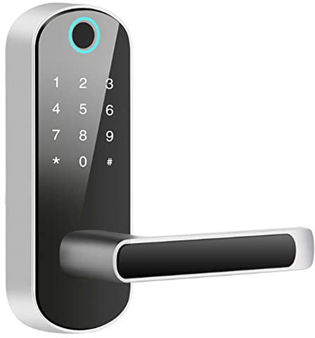 Smart Door Lock,5 in 1 Electronic Digital Smart Lever Biometric Fingerprint Door Lock Handle with Touchscreen Support APP/Card/Password/Fingerprint/Key Unlock,for Home and Office (Silver)