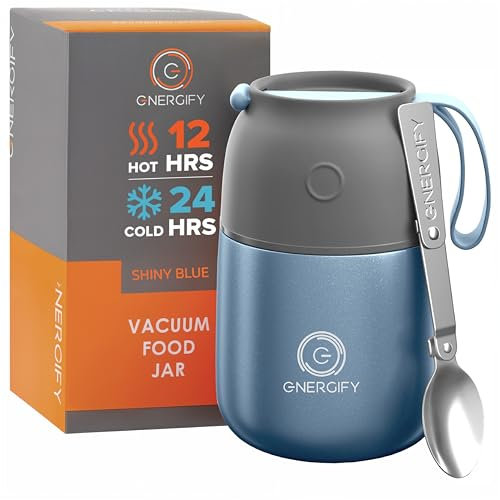 Energify Vacuum Insulated Food Jar Wide Mouth 17 Oz Soup Thermo with Folding Spoon - Thermal Lunch Containers for Kids & Adults - Leak Proof Stainless Steel Thermos for Hot Food Keep 12H and Cold 24H