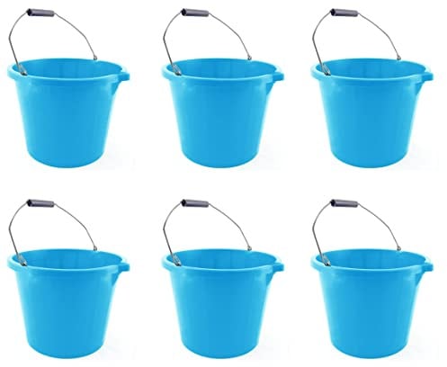 M1SS [𝗦𝗲𝘁 𝗼𝗳 𝟲]- Blue 3 Gallon 14 Litre Builders Bucket Strong Large Water Mixing Tub with Handle, Measuring Guide and Pouring Lip Gardening, Household -Made In U.K