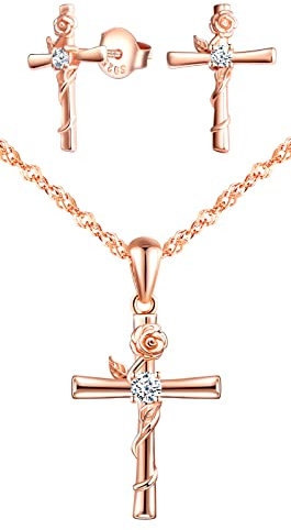CPSLOVE Cross Necklace and Earrings for womens and girls, 925 Sterling Silver Jewelry Set, Elegant rose flower - infinity symbol necklace pendant and earrings studs, Inlaid shiny zircon, rose gold