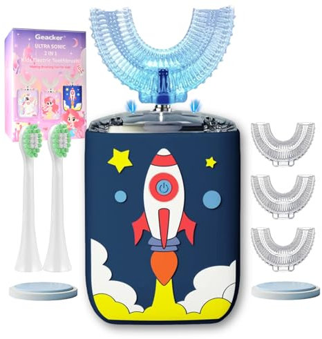 Geacker Spazzolino elettrico a forma di U per bambini, spazzola automatica ad ultrasuoni, con 5 testine e 6 modalità di pulizia, IPX7, impermeabile, ricaricabile, con timer intelligente, per bambini