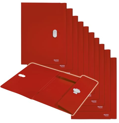 Leitz Recycle Dokumentenmappe A4, 10er Pack, Für 150 Blatt, Kunststoff-Ordner in Premium-Qualität mit Gummibändern, 100 % recycelbar, Umweltfreundlich, Recycle Serie, Rot, 46220025