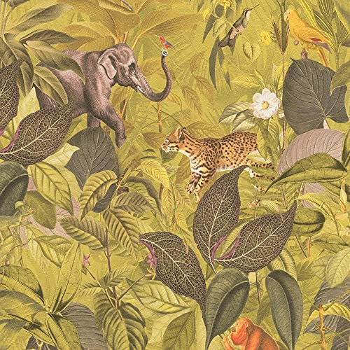 Textured Jungle Lime Green Wallpaper - Embossed Finish Floral Flowers Animal Print Botanical Ocelot Elephant