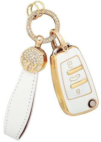 BLINGOOSE Schlüsselhülle für Audi A1 A3 A4 A6 Q3 S3 S4 TT TTS Zubehör TPU 3-Tasten Auto Schlüsseletui Schutzhülle Glitzer Schlüsselanhänger Abdeckung Girly Frauen Geschenke Gold Weiß