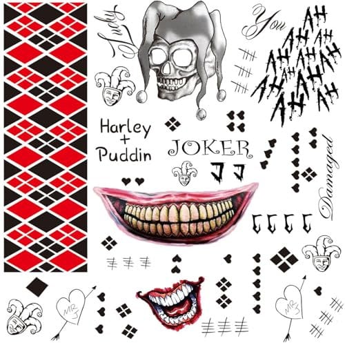 Karneval Tattoo,2 Große Größe 11.8''x8.3'' Harley Quinn Tattoo Joker Temporäre Tattoos Body Art Aufkleber Suicide Squad Kostüm Halloween Party Cosplay Karneval Fasching Accessoires
