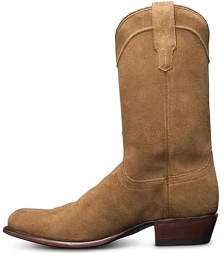 Stivali da Cowboy da Uomo Stivali Vintage Slip-on al Polpaccio Ricamo Modello Diviso con Punta a Punta Stivali in Pelle Patchwork Antiscivolo con Tacco Largo,Cachi,42 EU