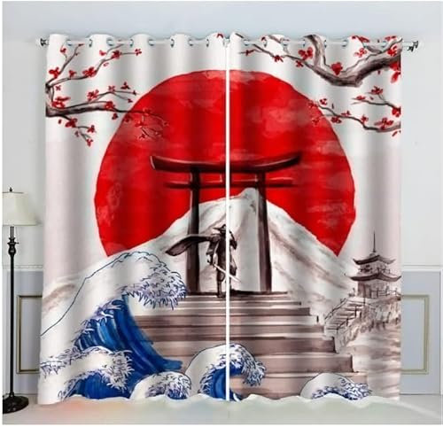 Rideau Occultant Art Japonais 3D Polyester Opaque Rideaux Salon Multicolore Rideau Chambre Style Japonais Rideaux Oeillets Décor Intérieur Opaque Chambre Adulte（220x215 cm）