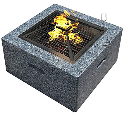 3-in-1 quadratische Feuerstelle zum Grillen, Feuerstelle mit BBQ-Grillregal? 60 cm mit Einer Einfassung aus MgO-Kunststein