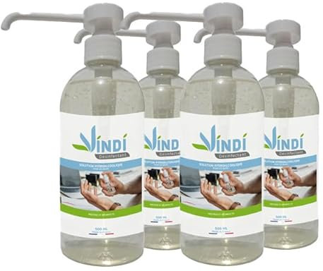 Vindi Désinfectant solution hydroalcoolique - Lot de 4 flacons pompe de 500ml - Fabrication Française - 76% d'alcool - Désinfection des mains et des surfaces