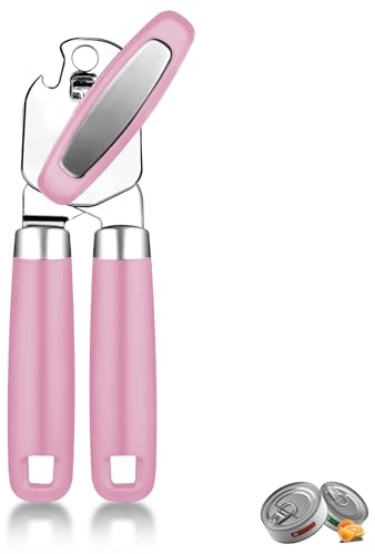 Manual Can Opener, Stainless Steel Smooth Edge Hand Held Can Opener, Heavy Duty Multifunctional Bottle Opener With Easy Turn Knob (Pink)