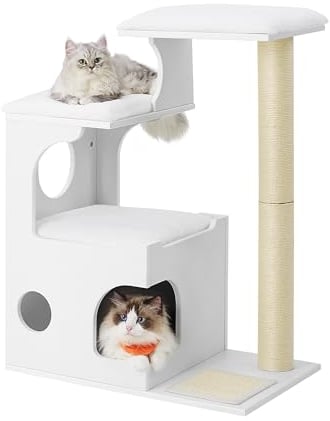 Feandrea Árbol de Gatos, Tablero de aglomerado de 86 cm de Altura, con Poste de Sisal, Plataforma, Cubierta de Piel Sintética Lavable, Blanco Nube PCT070W01