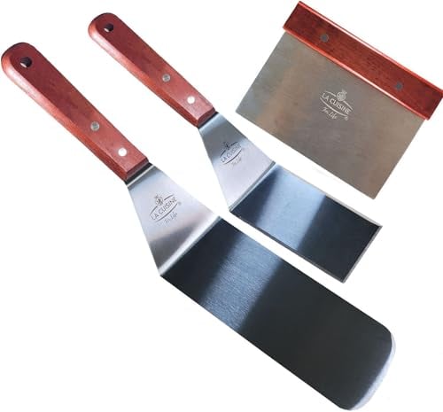 La Cuisine Set di 3 spatole per piastra SS Set di strumenti per barbecue raschietto per cibo per grill teppanyaki tortine pancake pesce, 2 spatole SS 1 tritatutto/raschietto con manico in