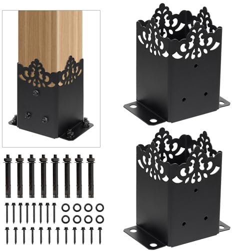 4x4 Post Base, Square Bracket Post Base for Fence Mailbox Deck, Bolt Down Post Base Wood Post Ground Anchor, Fit 3.5''x3.5'' Square Wood Post (Black - Set 2)