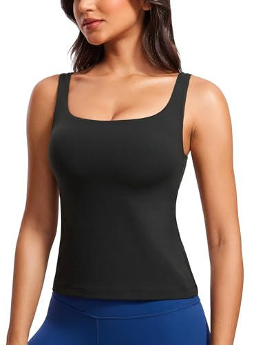 CRZ YOGA Damen Butterluxe Quadratischer Ausschnitt Tank Tops mit Integriertem BH Sport Top Yoga Fitness Ärmelloses Oberteil Tanktops Schwarz 38
