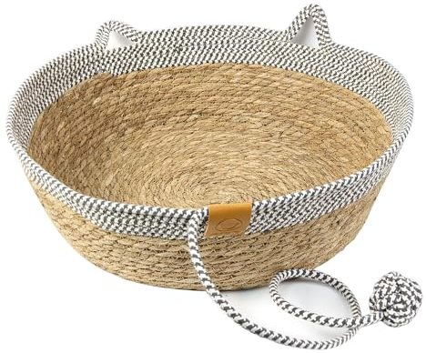 RSHVSMS Corda di cotone per gatti, lavabile, con cuscino rinfrescante e palla di corda, cestino per gatti traspirante, per cuccioli di gattini, XXL, 48 x 48 x 15 cm (grigio-bianco)