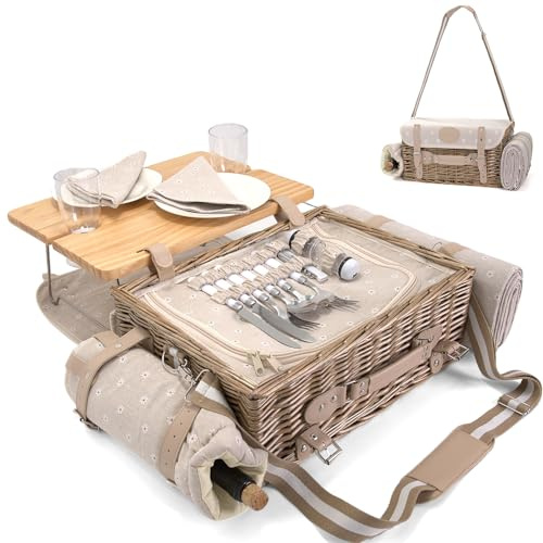 Multifunctional Wicker Picnic Basket Set for 2 with Blanket and Picnic Table, Insulated Picnic Set with Full Tablewares for Camping Outdoor Couples, Flowers