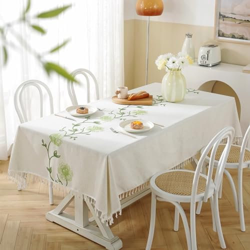 Beydodo Tischdecke Abwaschbar Beige, Tischtuch 100x160 Stickerei mit Grün Filigran Motiv Tischdecken für Draußen Garten