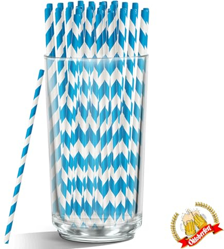 Lot de 50 pailles bleues, en papier rayé bleu et blanc, sans plastique et biodégradables, pour fête de la bière, anniversaire, mariage, décoration