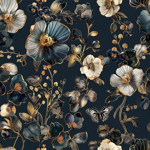 Livelynine Blue and Gold Floral Wallpaper Self Adhesive Flower Wallpaper for Bedroom Living Room Feature Wall Paper Roll Dark Blue Vinyl Wrap Pattern Floral Butterfly Luxury Modern Bathroom 44.5CMx2M
