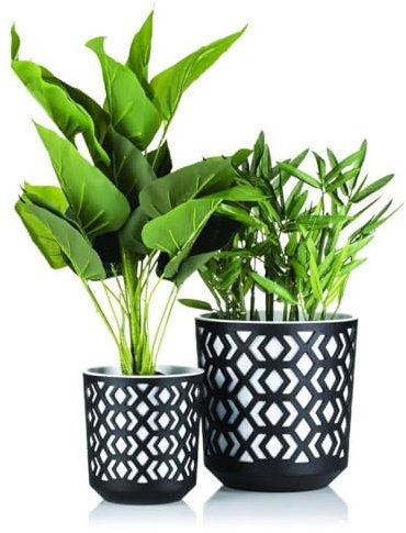 HowHomely Schwarz Blumentopf mit Weiß Pflanzkübel Einsatz - Set aus 2 Übertopf für Wohnzimmer Garten oder Terrasse - Leichter und Stabiler Blumenkübel Wetterfest