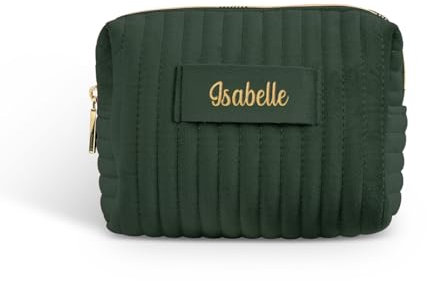 Beauty Kram - Personalisierte Kosmetiktasche mit eigenem Namen für Make Up und Reiseutensilien aus Premium Samt - Grün 17 x 12 cm