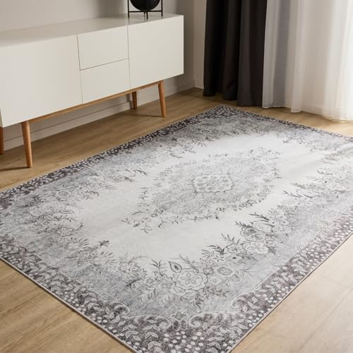 benuta Basic Waschbarer Teppich George - Schwarz/Grau 240x340 cm - Kunstfaser - Rechteckig & im Style: Vintage, Elegant, Retro - Pflegeleicht für Wohnzimmer Schlafzimmer
