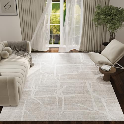 TAPISO Trend Teppich Kurzflor - Moderner Teppich Hohe Qualität - Eleganter Wohnzimmerteppich in Beige Creme mit Weiß - Streifen Abstract- Easy-Care Teppich - OEKO-TEX 200 x 300 cm