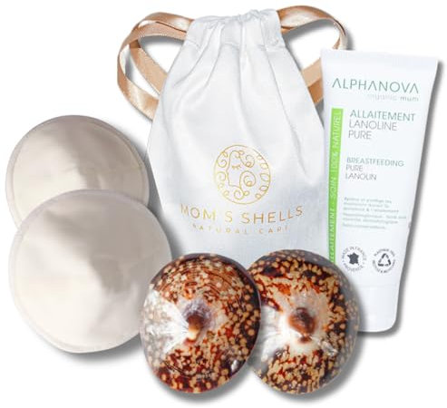 MOM’S SHELLS Intégral – Kit allaitement complet : coquillages en Nacre, Lanoline pure, coussinets lavables & accessoires – Soulage crevasses, irritations et douleurs de l'allaitement (M+Lanoline 40ml)