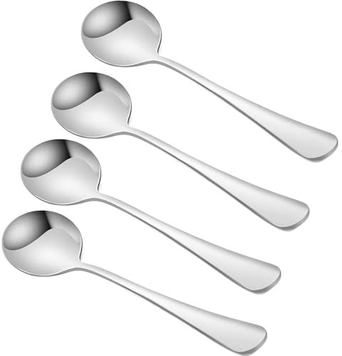 4 Stück Suppenlöffel SUS304 Edelstahl Löffel Suppenlöffel Set von 4 Abendessen Löffel für Ramen Pho Wonton Knödel Bouillon Dessert Getreide Miso (Silber)