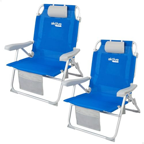 AKTIVE Pack de 2 sillas Plegables XXL multiposición para Playa, jardín, terraza o Camping, 5 Posiciones, 53x66x86 cm, Incluye Bolsillos, Topes antivuelco, Soporta 110 kg, Asas de Transporte (85483)