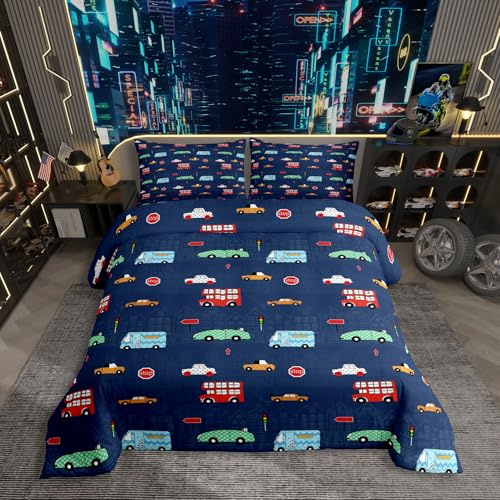 Homewish Kinder Jungen Bettwäsche Autos 200x200, Blau Automotiv Bettbezug-Set für Mädchen Jungen Jugendliche Wohnzimmer Dekorative Atmungsaktiv Mit Reißverschluss,2 Kissenbezüge 80X80