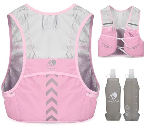 Outplea Gilet Hydratation avec 2pcs 500ml Bouteilles d’Eau Douce, Ultra Léger Gilet Trail Running Femme Homme, Réglable Sac Hydratation Running pour Randonnée Course à Pied Sport, Rose