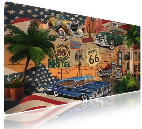 Wknoon. Extra großes Gaming-Mauspad (80 x 30 cm) – Feier der historischen Route 66 & Retro-Autos Motorrad auf einer Karte Road Trip Vintage Americana, XXL Schreibtischunterlage mit strapazierfähigen