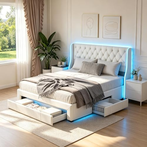 PerGar Bett 160 x 200, Polsterbett mit LED Beleuchtung Kopfteil, Doppelbett mit3 Schubladen, Jugendbett Stauraumbett Funktionsbett Rückenlehne Bettgestell mit Lattenrost, Samt, Ohne Matratze, Beige