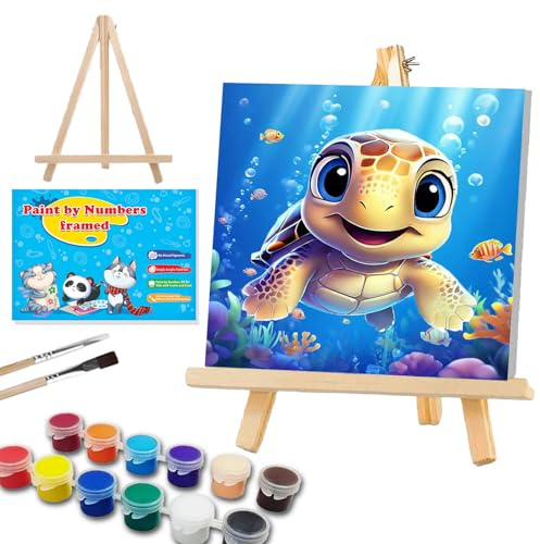 WEMEON Sea Turtles Paint by Numbers Kit for Children with Framed and Easel- Easy Paint by Number Crafts for Kids Ages 4-8-12, Simple Painting Kits for Kids for Gift Home Wall Decor(8x8Inch)