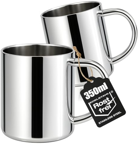 Wilhelm Sell® 2x mugs isothermes 350 ml en acier inox – tasses à double paroi pour café ou boisson – gobelets incassables, sans BPA – parfaits pour camping, extérieur (350 ml - 2 pièces)