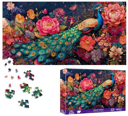 Bimkole Peacock Puzzles for Adults 1000 Pieces, Flower Paper Jigsaw Puzzle 1000 Pieces - Fun and Challenging Family Decoration Puzzle Great Gift Idea, Finished Size is 31.5 x 16.14 in