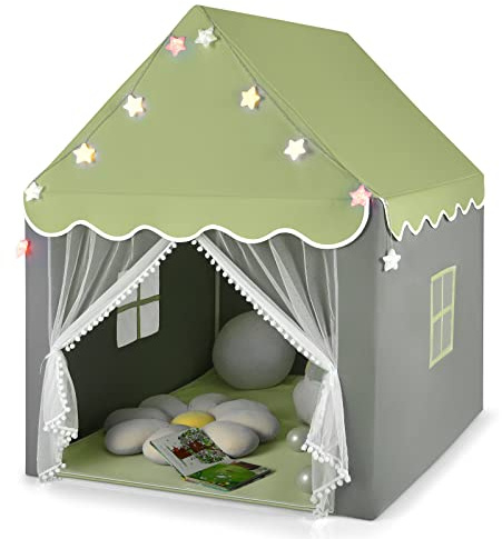 HOMASIS Kinderzelt für Indoor, Spielhaus mit Matte & Sternlichtern & Fenstern & doppeltem Vorhang, Kinder Spielzelt Prinzessin Kinderspielzelt Bettzelt für Mädchen & Jungen (Grün, Buntes Licht)