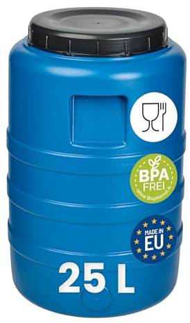 Garronda Fût Alimentaire 25L Plastique HDPE Tonneau Baril pour Eau GD-0186 | Bidon Plastique, Grande Ouverture, avec Couvercle, pour Aliments Stockage et Fermentation Recuperateur d'Eau de Pluie, Bleu