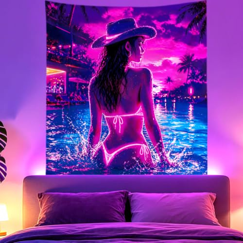 WEBEEDY Sexy Frau Schwarzlicht Wandteppich Cool Anime Frau Pool Psychedelische Wandteppiche UV Reaktiv Tapestry Sommer Bikini Urlaub Strand Poster für Home Decor Weihnachten Halloween,150x130cm