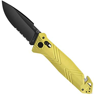 TB Outdoor - Couteau CAC® - Couteau Armée Française - Survie et Outdoor - Lame Anti-Corrosion avec Serrations - Manche PA6 FV Jaune Fluo - Lame Utile 85 mm